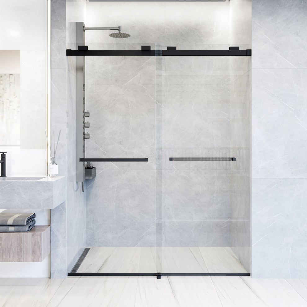 VIGO Houston Frameless Sliding, V-Motion, Matte Black, Shower Door, 56" to 60" W X 76" H, Clear Glass