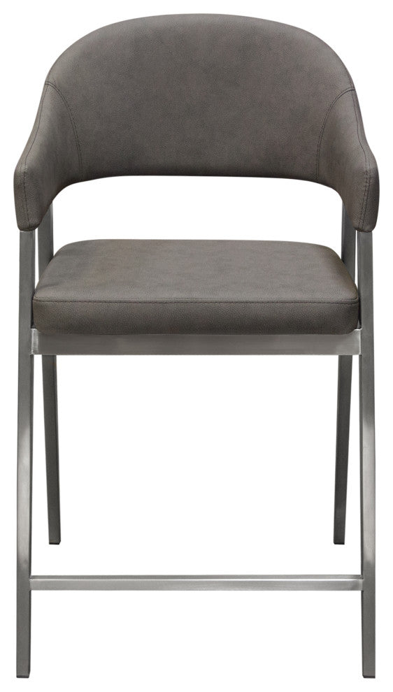 Counter Height Chairs, Set of 2, Gray Leatherette, Brushed Steel Leg