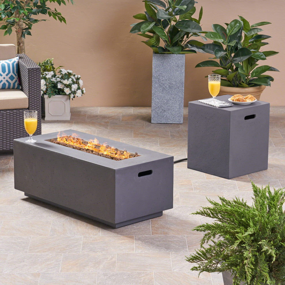 GDF Studio Leo Outdoor 40" Light Weight Concrete Gas Burning Fire Pit, Dark Gray