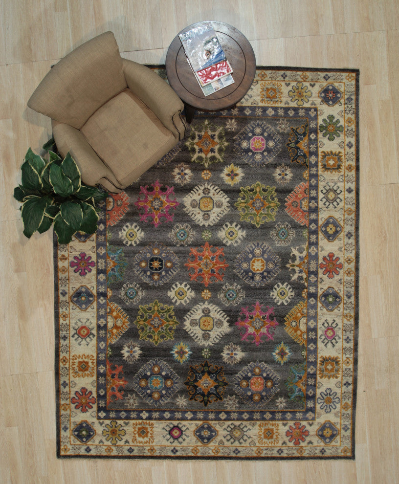 EORC Gray/Ivory Hand Knotted Wool Kazak Collection Rug, 6'x9'