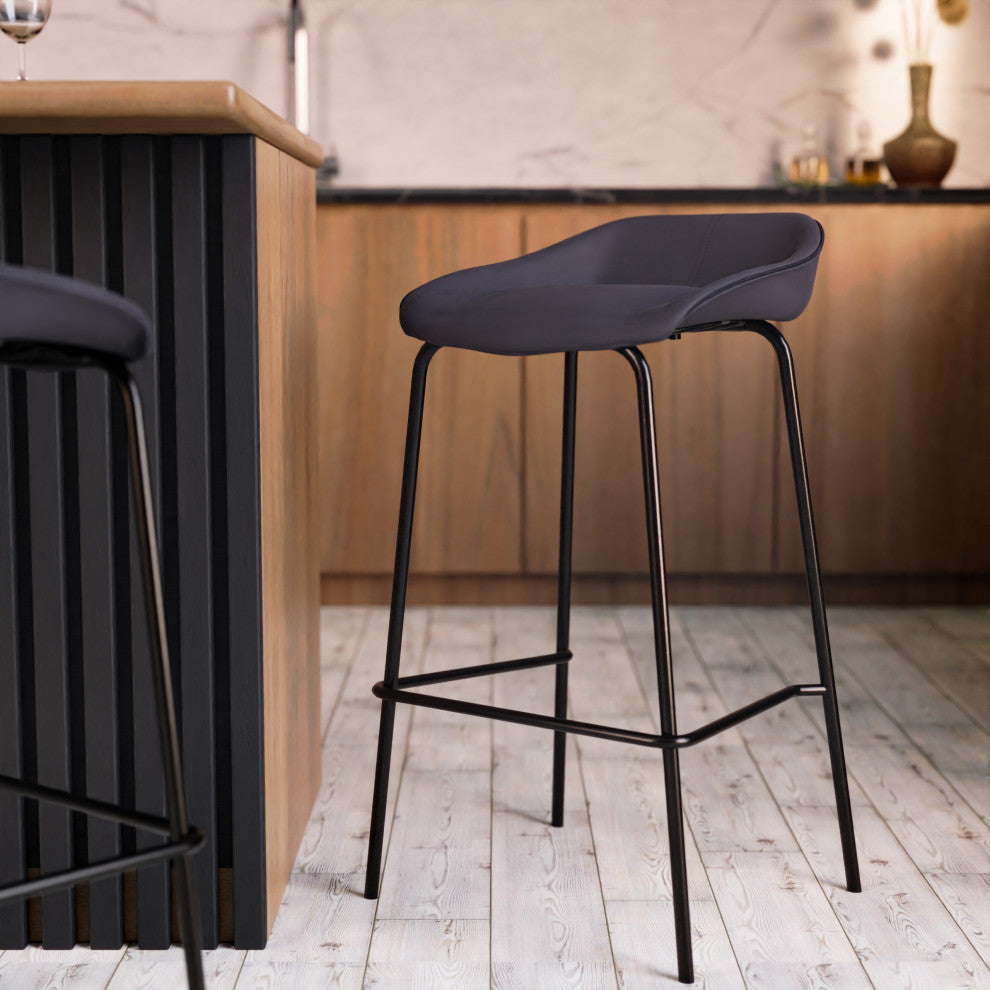 LeisureMod Servos Barstool With Faux Leather Seat and Iron Frame, Black