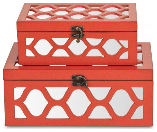 Set of Coral Quatrefoil Mirror Jewelry Storage Boxes