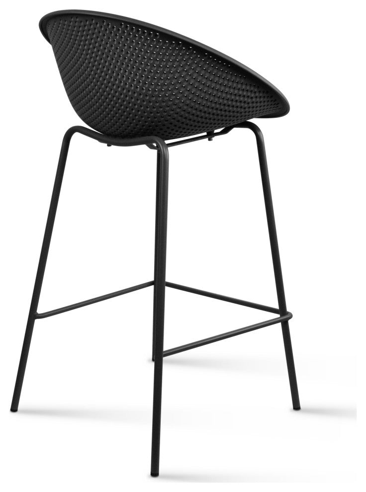 Modern Counter Stool with Perforated Low Back and Metal Frame, 25.5" Barstool, Black