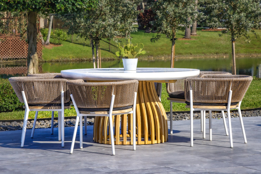 Melina Outdoor Wood, Aluminum and Rope Dining Chair, White Legs, Set of 2