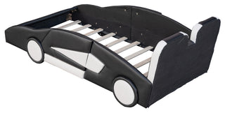 Gewnee Twin Size Race Car-Shaped Platform Bed with Wheels in White, Black