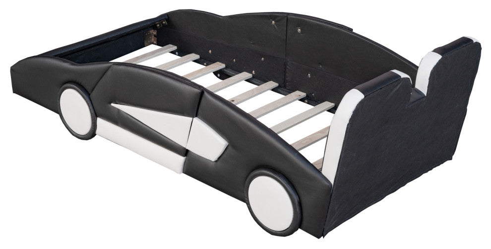 Gewnee Twin Size Race Car-Shaped Platform Bed with Wheels in White, Black