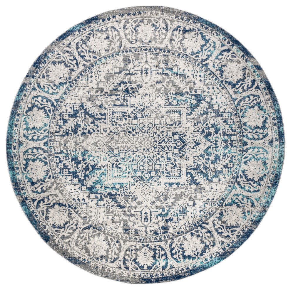 Modern Persian Vintage Medallion Navy /Light Grey 5' Round Area Rug