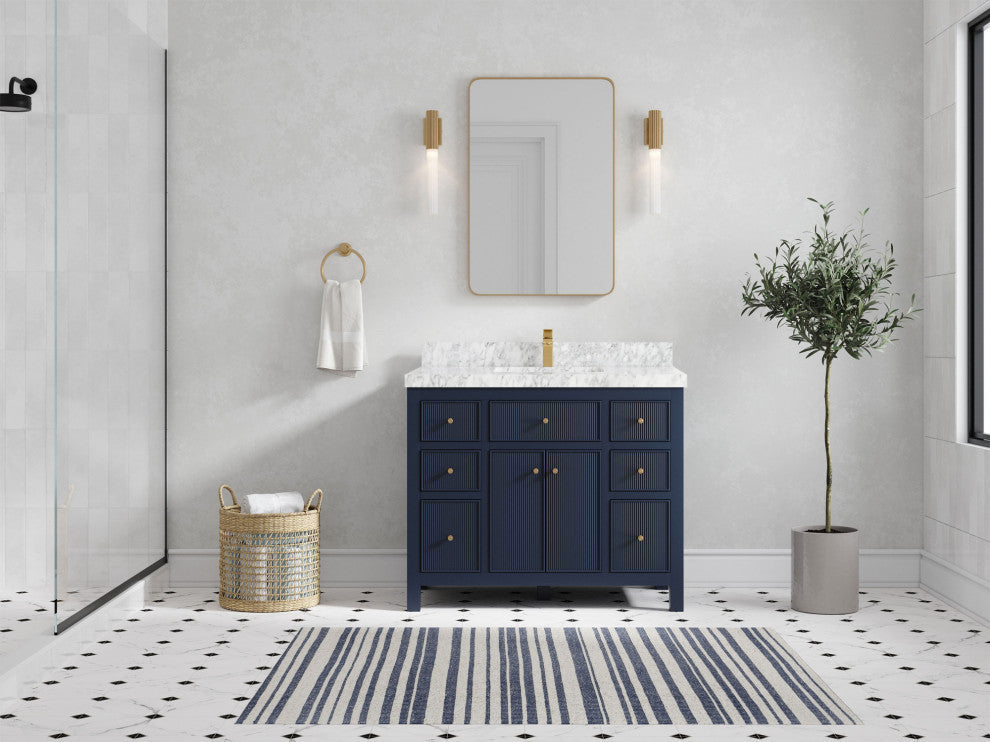 Sonoma 42 Single Sink Reeded Bath Vanity in Hale Navy Blue 2" Carrara Marble