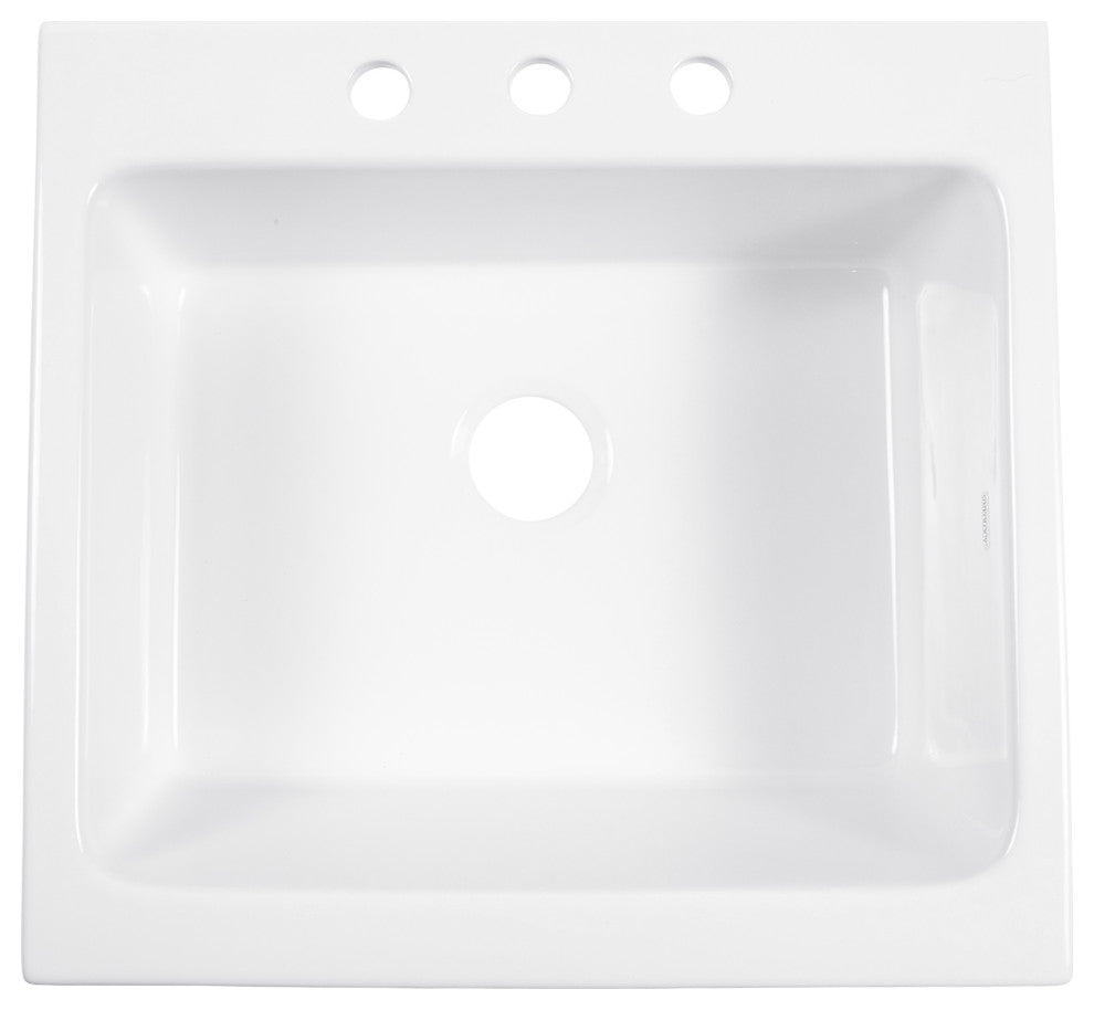 Parker White Fireclay 26" Single Bowl Quick-Fit Drop-In Kitchen Sink, 3 Holes