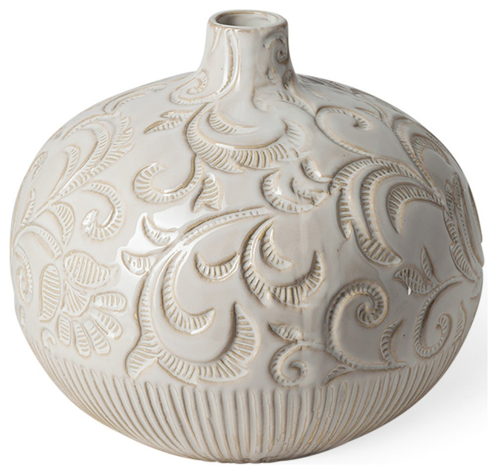8" Carved White Ceramic Vase