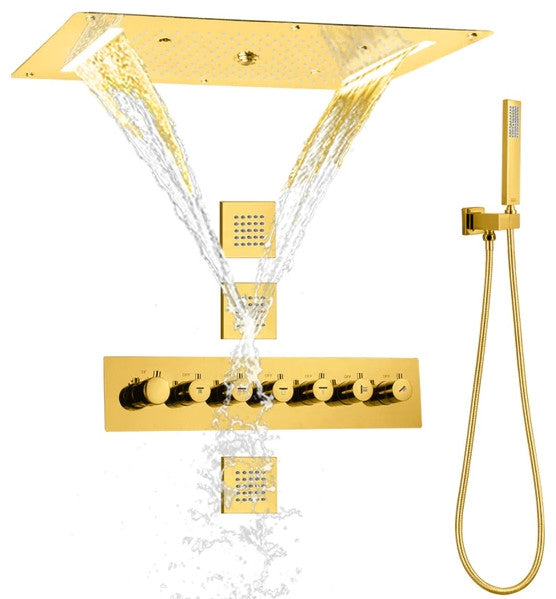 Led Mist Rainfall Shower System and Handheld Shower, Gold Polished