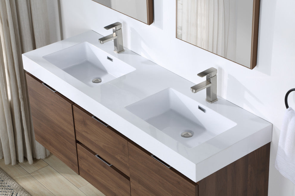 Stufurhome Valeria 59 in. Wall Mounted Bathroom Vanity without Mirror, Walnut, D