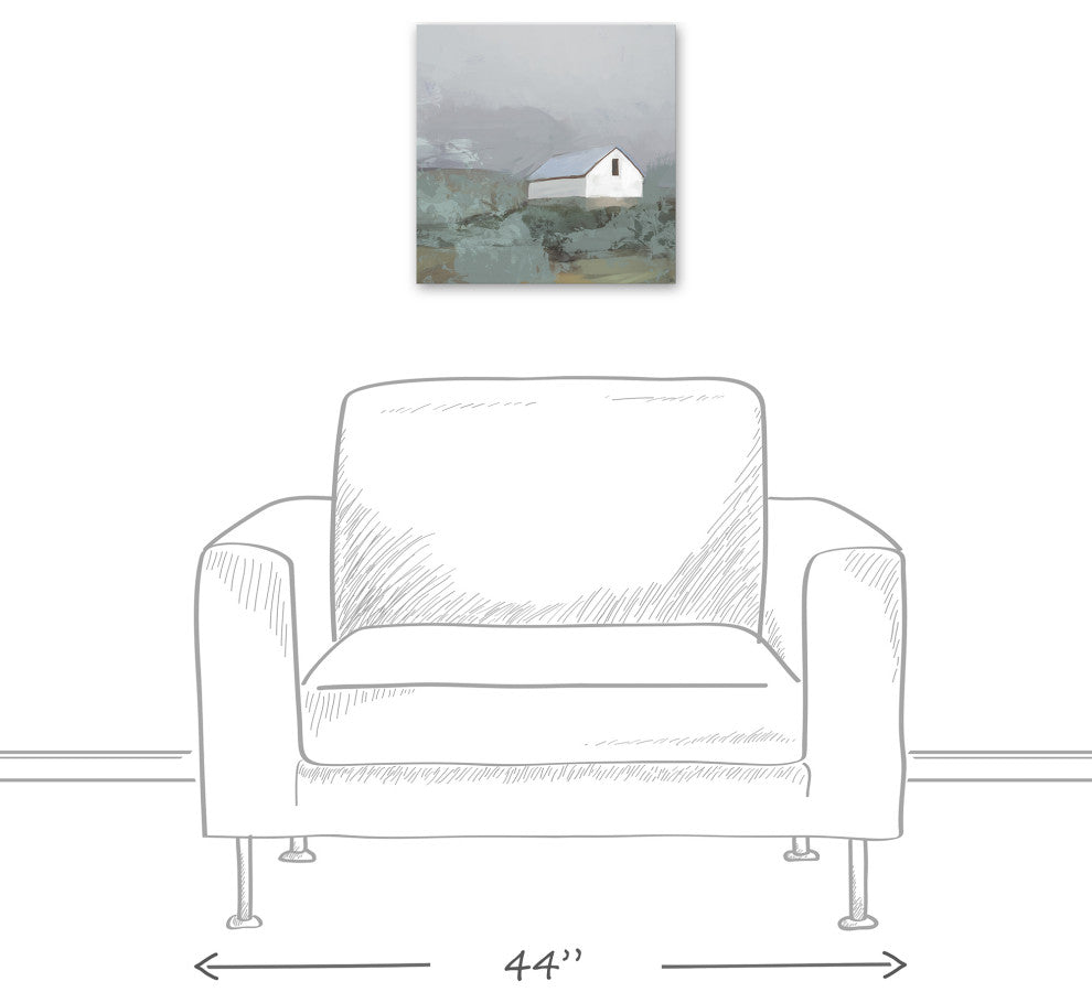 White Barn in Fog 16x16 Canvas Wall Art