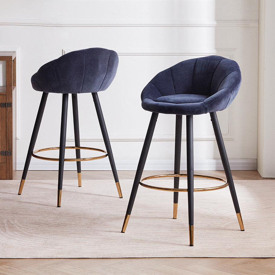 Set of 2 Blooming Flower Chenille Bar Stools, Darkblue