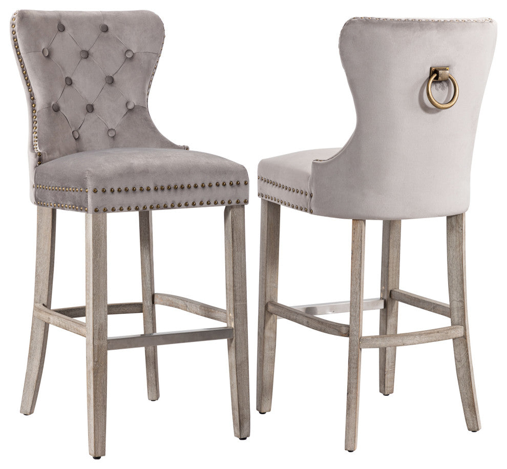 WestinTrends 2PC 29" Bar Height Wingback Velvet Bar Stool Set, Antique Gray, Velvet Gray