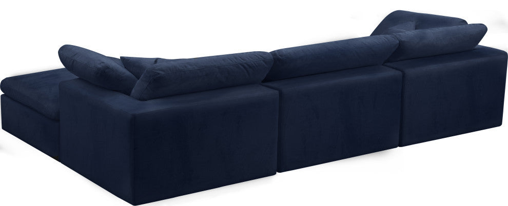 Cozy Velvet Upholstered Comfort L-Shaped Modular Sectional, Navy, 4-Piece: 1 Armless Chair, 2 Corner Chair, 1 Ottoman