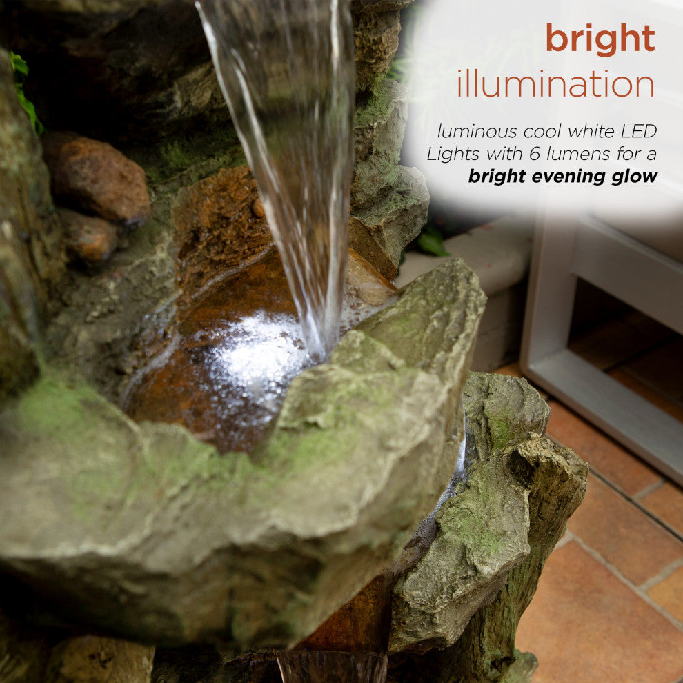 39" Outdoor Multi-Tier Cascading Stone Tower Waterfall Fountain with LED Lights