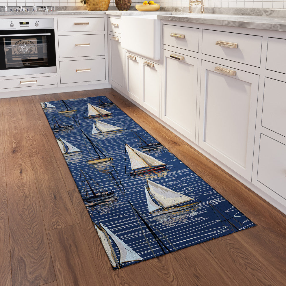 Indoor/Outdoor Harbor HA8 Navy Machine Washable 2'3" x 7'6" Runner Rug