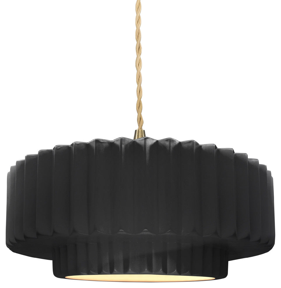 Radiance Medium Tier Pleated Pendant, Gloss Black Frame, Brushed Brass, LED