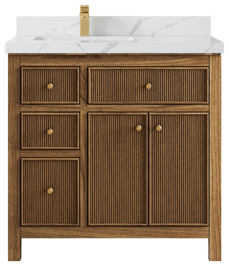 Sonoma Teak 36 Left Offset Bath Vanity in Dark Natural with 2" Calacatta Laza