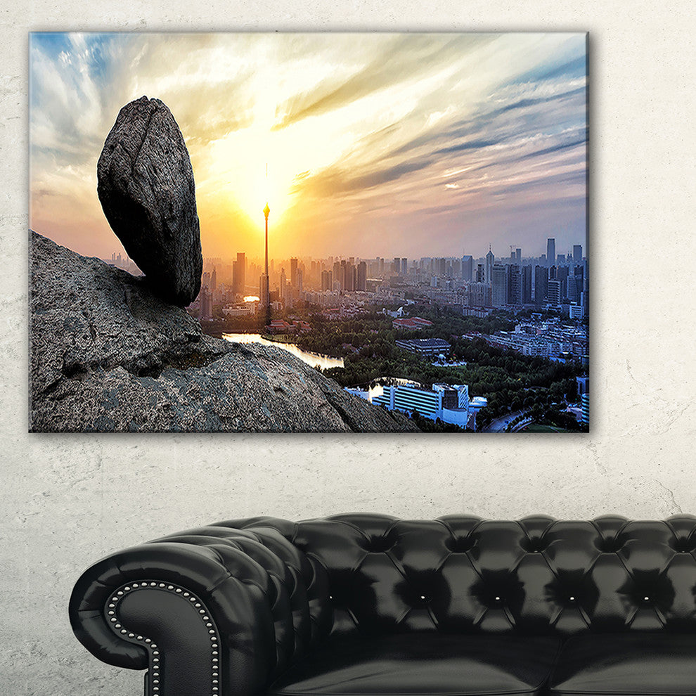 "Buildings And Crag On Rock Panorama" Landscape Wall Wall Art, 32"x16"