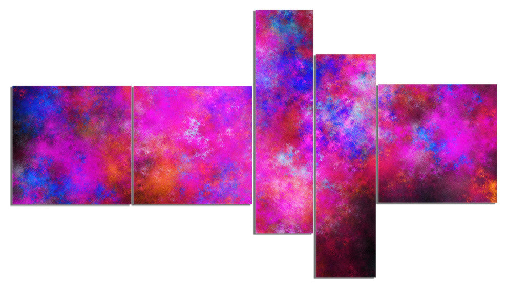Red Blue Starry Fractal Sky, Abstract Art on Canvas, 60"x32", 5 panels