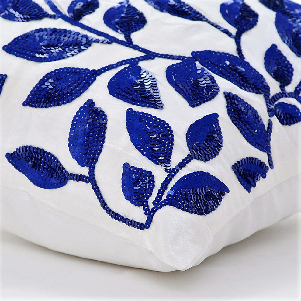 Blue Decorative Pillow Covers 14"x14" Silk, Wintry Blue Leaves