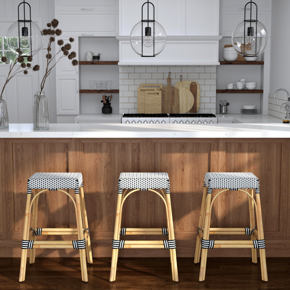 Tobias 30" Rectangular Rattan Barstool, Black and White