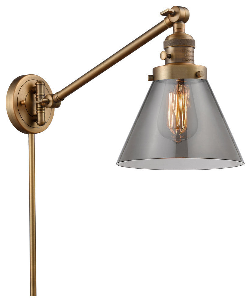 Large Cone 1-Light LED Swing Arm Light, Brushed Brass, Glass: Smoked