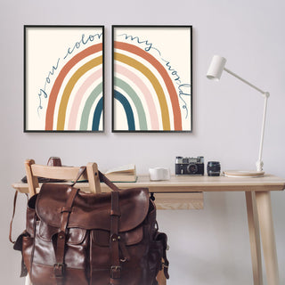 You Color My World Rainbow Script Phrase Design Illustration, 2pc, each 24 x 30