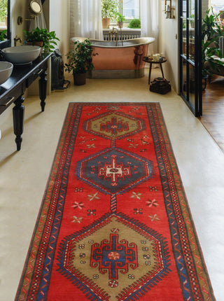 Fine Vintage Distressed Radeliff Red/Blue Runner, 3'1x9'5