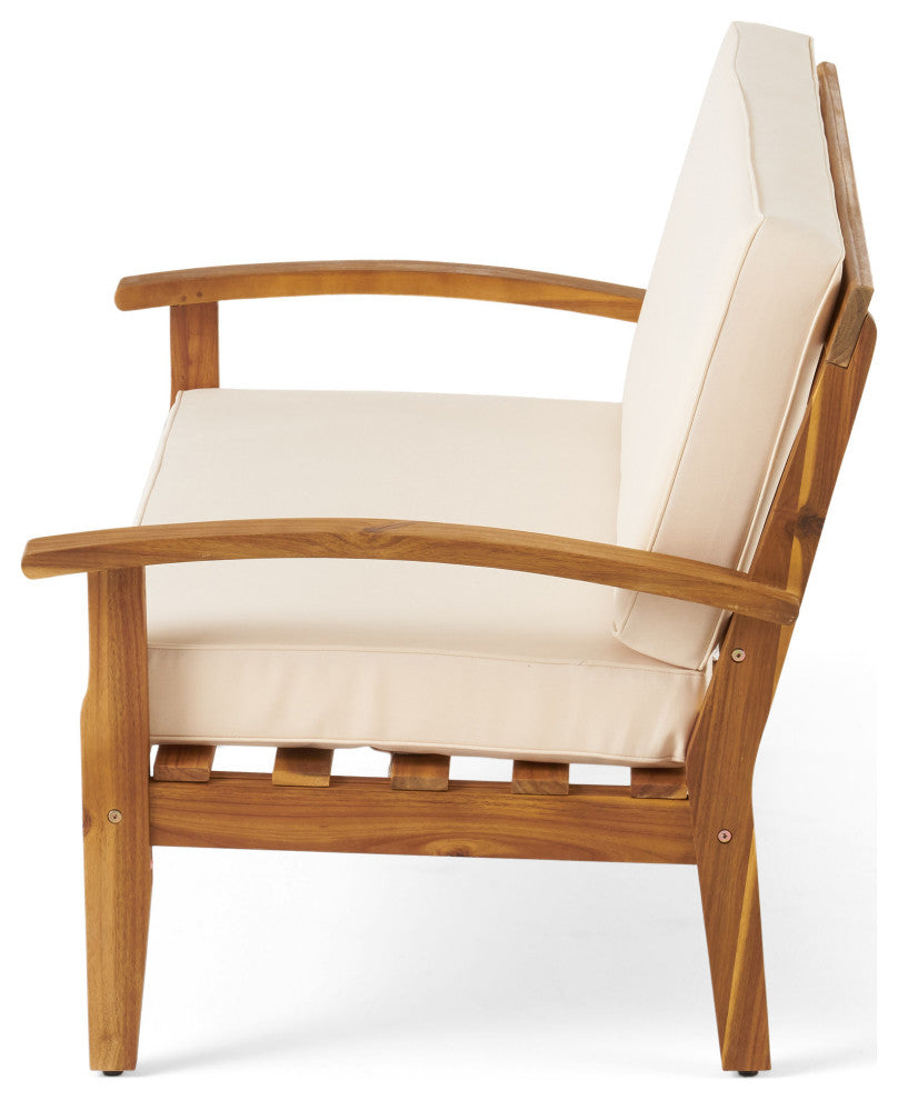 GDF Studio Keanu Outdoor Acacia Wood Loveseat and Coffee Table Set With Cushions, Beige