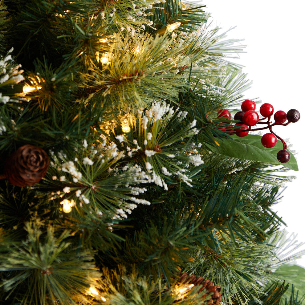 3' Holiday Pre-Lit Snow Tip Greenery, Berries and Pinecones Christmas Plant