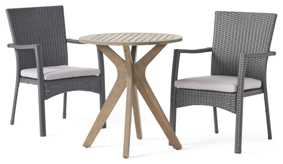 GDF Studio 3-Piece Kohler Outdoor Acacia Wood and Wicker Bistro Set, Gray/Gray
