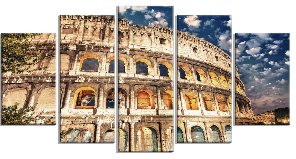 Wonderful Coliseum at Dusk, Landscape Canvas Art Print, 60"x32", 5 Panels