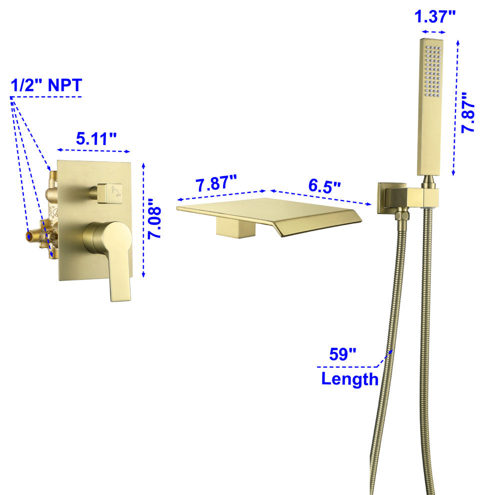 Wellfor Shower Faucet Set, Waterfall Tub Spout and Hand Shower, Brushed Gold