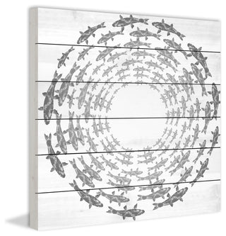 "Fish Circle" Print on White Wood, 80x80 cm