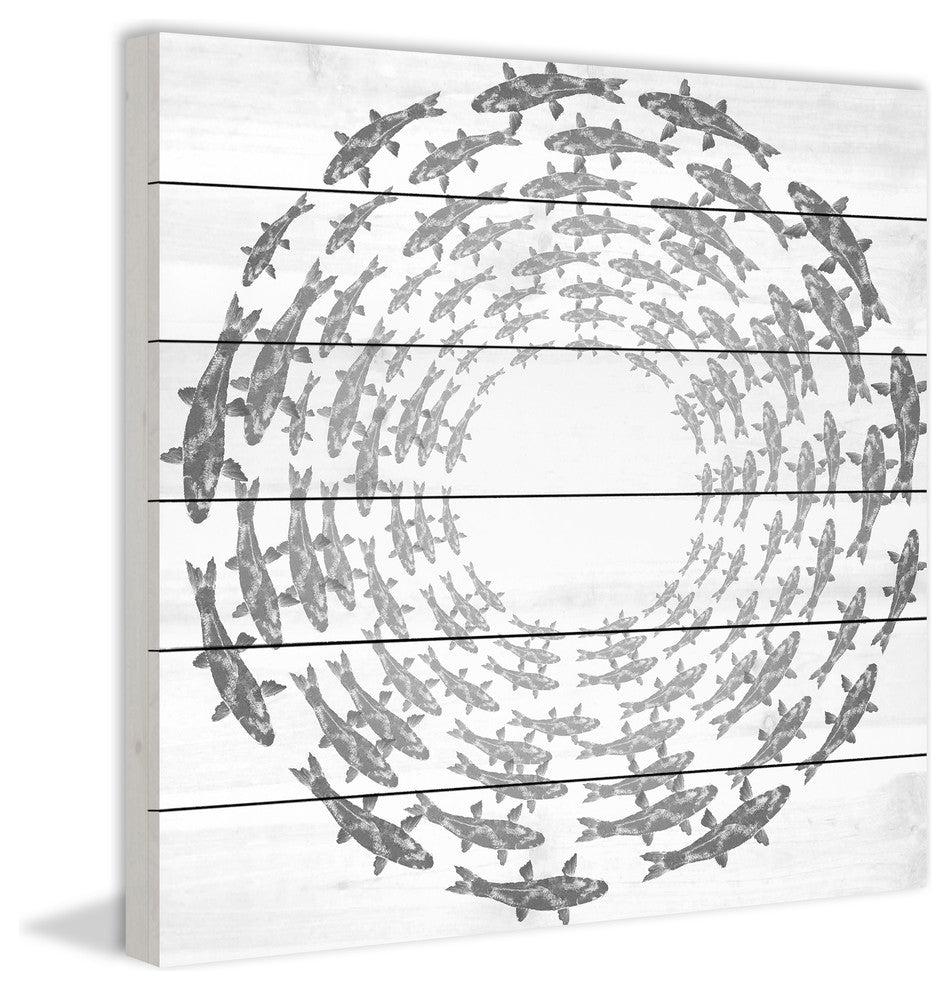 "Fish Circle" Print on White Wood, 80x80 cm
