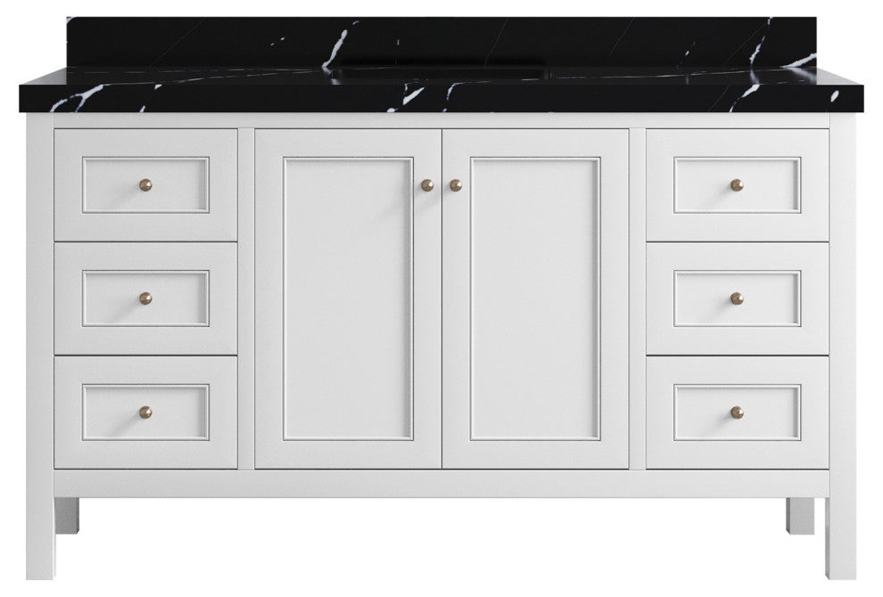 Nashville 60" Single Bathroom Vanity, White 2" Calacatta Black