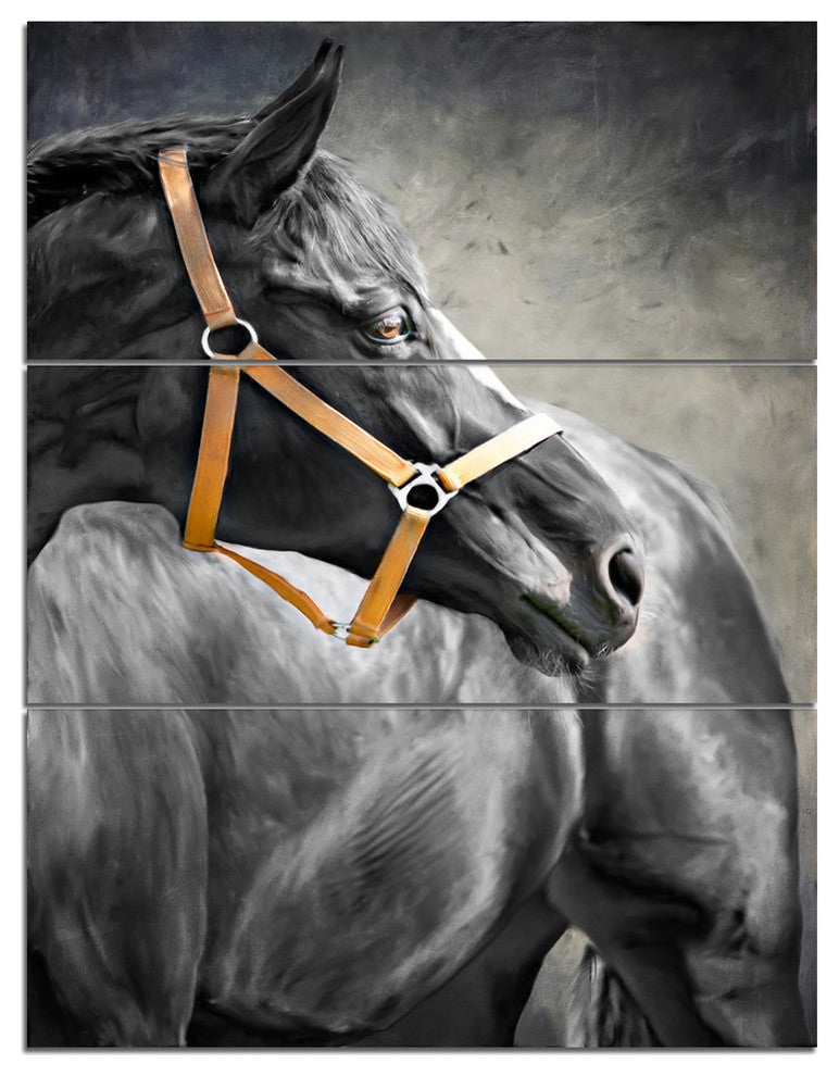 "Black Horse" Glossy Metal Wall Art, 3 Panels, 28"x36"