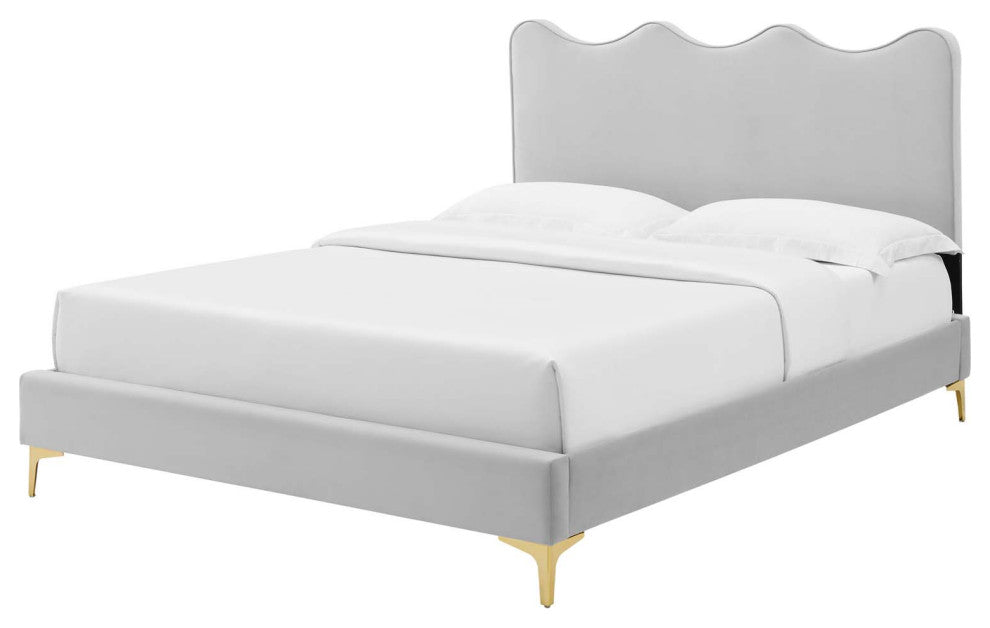 Platform Bed Frame, King Size, Gray, Velvet, Modern, Bedroom Guest Suite
