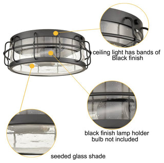 Black Round Ceiling Light Flush Mount With Clear Seedy Glass Shade