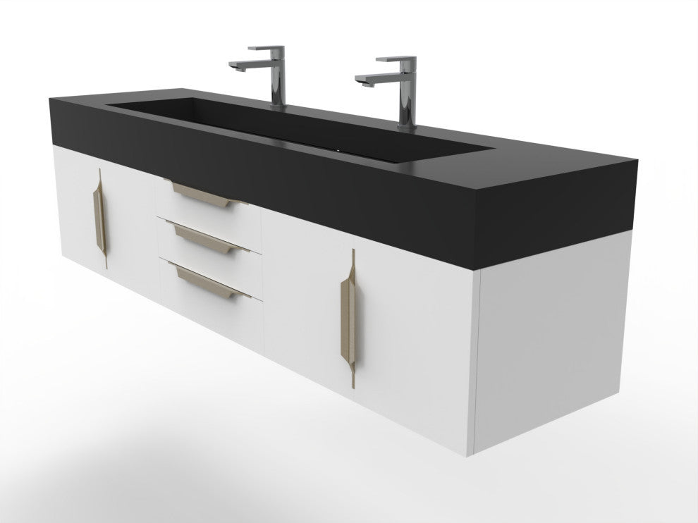 CastelloUSA Nile 72" Wall Mounted Bathroom Vanity Set, White, Black Top, Gold Handles