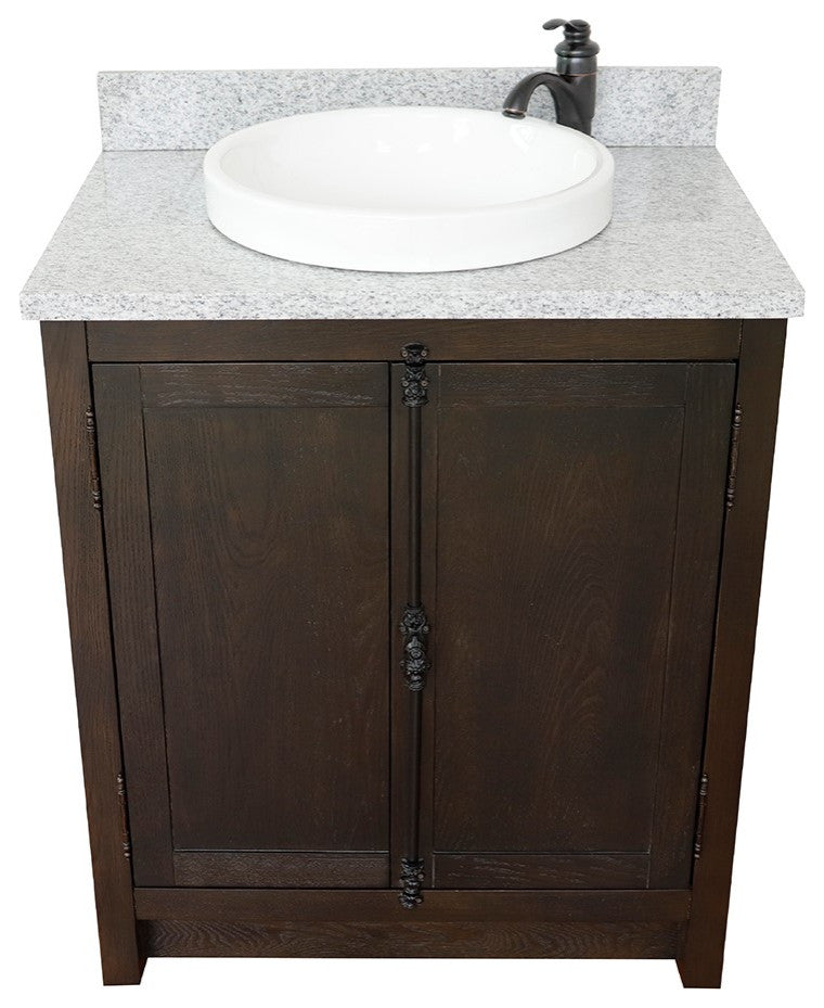 30" Single Vanity, Brown Ash, Gray Granite Top, Round Sink