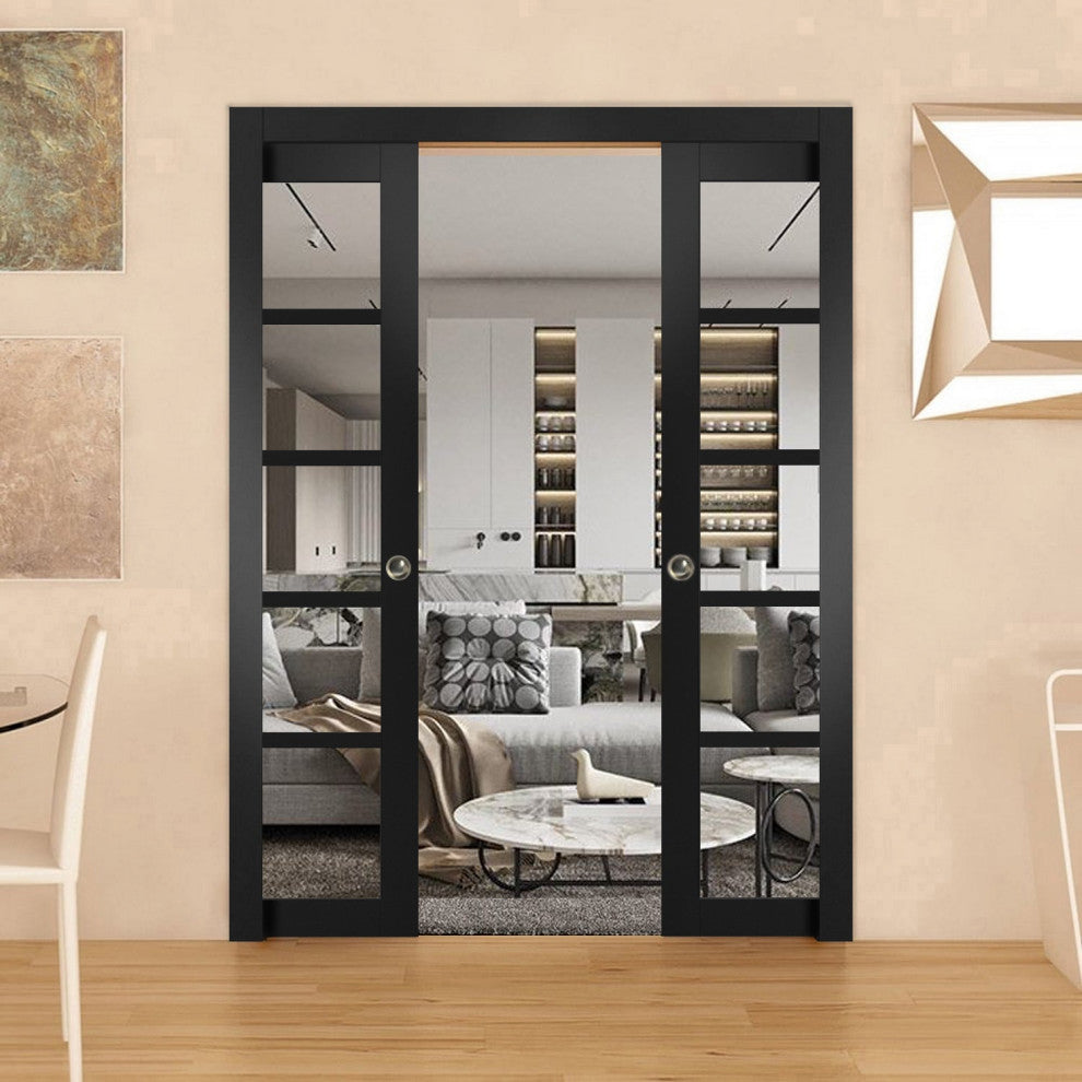 Slab Barn Door 30 x 80, Quadro 4522 Matte Black & Clear Glass, Sliding