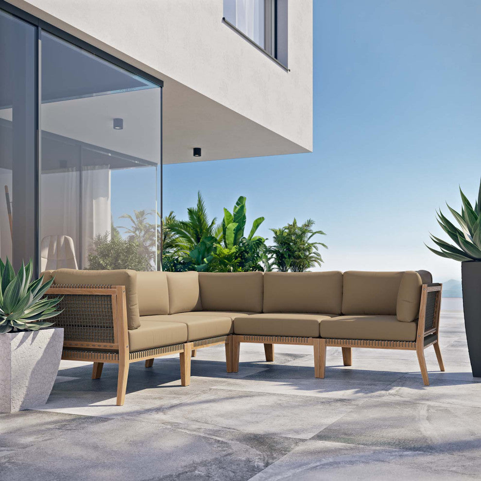 Clearwater Outdoor Patio Teak Wood 5-Piece Sectional Sofa, Gray Light Brown