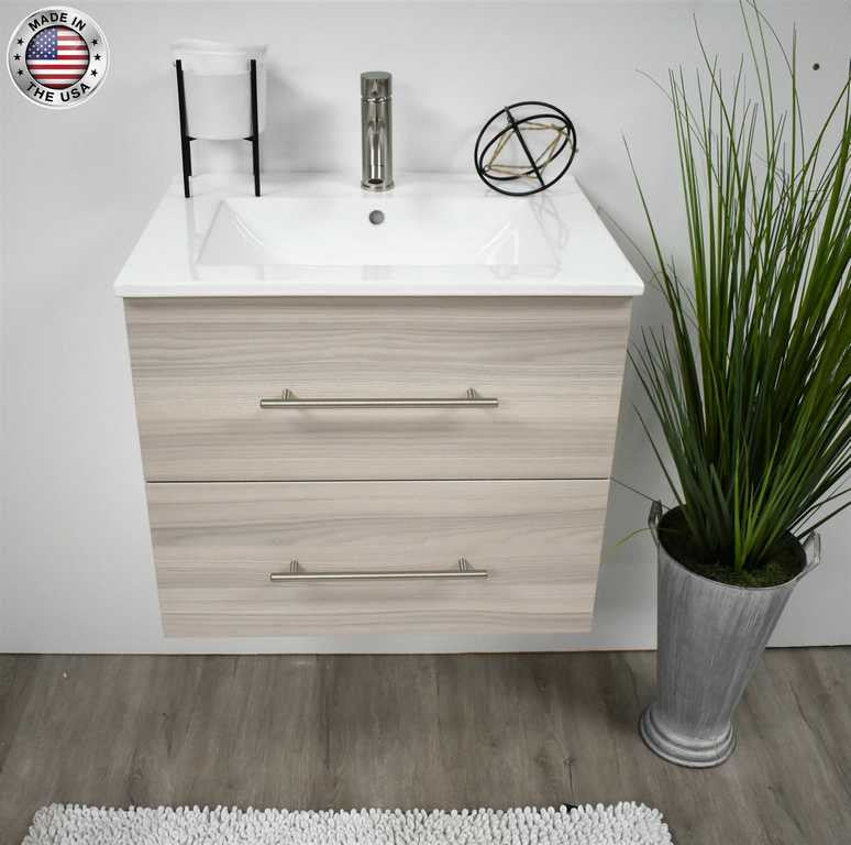 Napa 30" Modern Floating Bathroom Vanity With Ceramic Top and Round Handles, Ash Gray