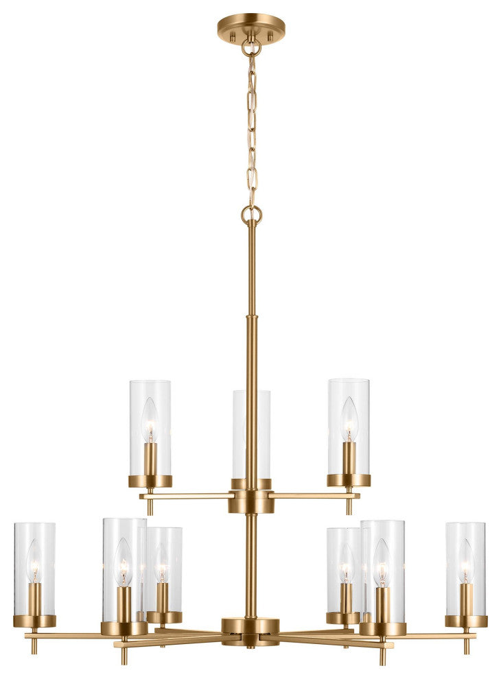 Zire Nine Light Chandelier, Satin Brass