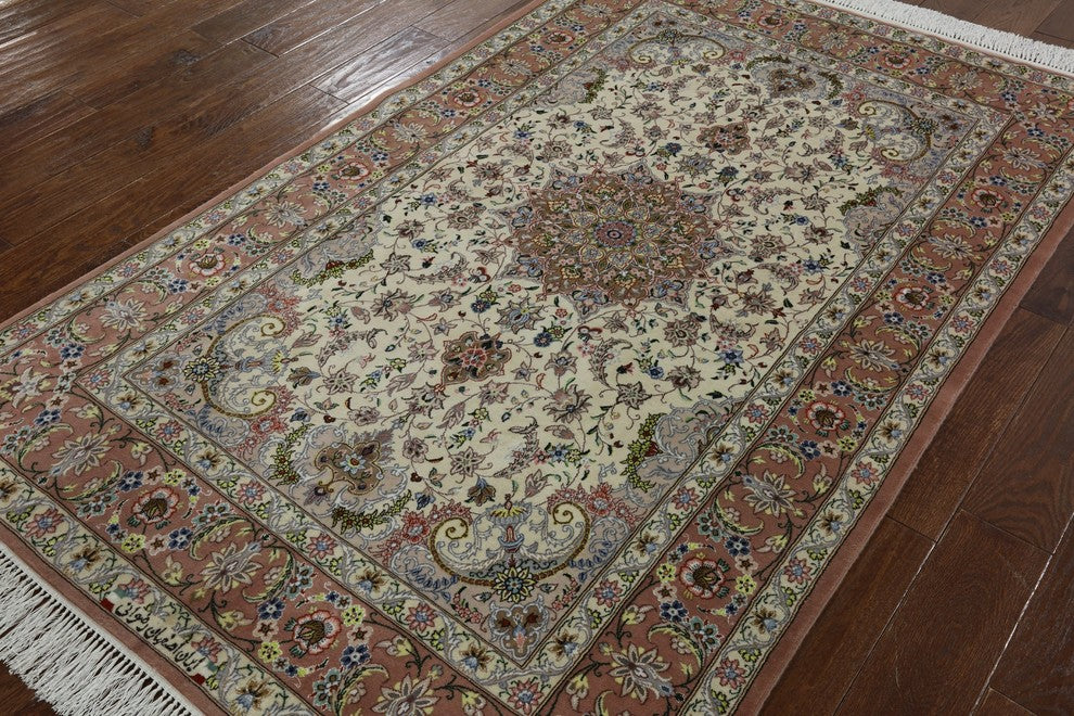 Signed Authentic Persian Isfahan Wool and Silk Area Rug, 4'x7'
