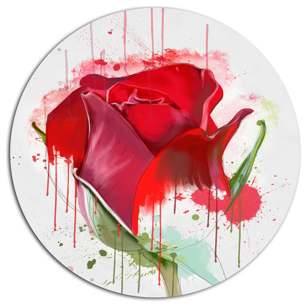Colorful Red Rose Sketch Watercolor, Floral Disc Metal Wall Art, 23"